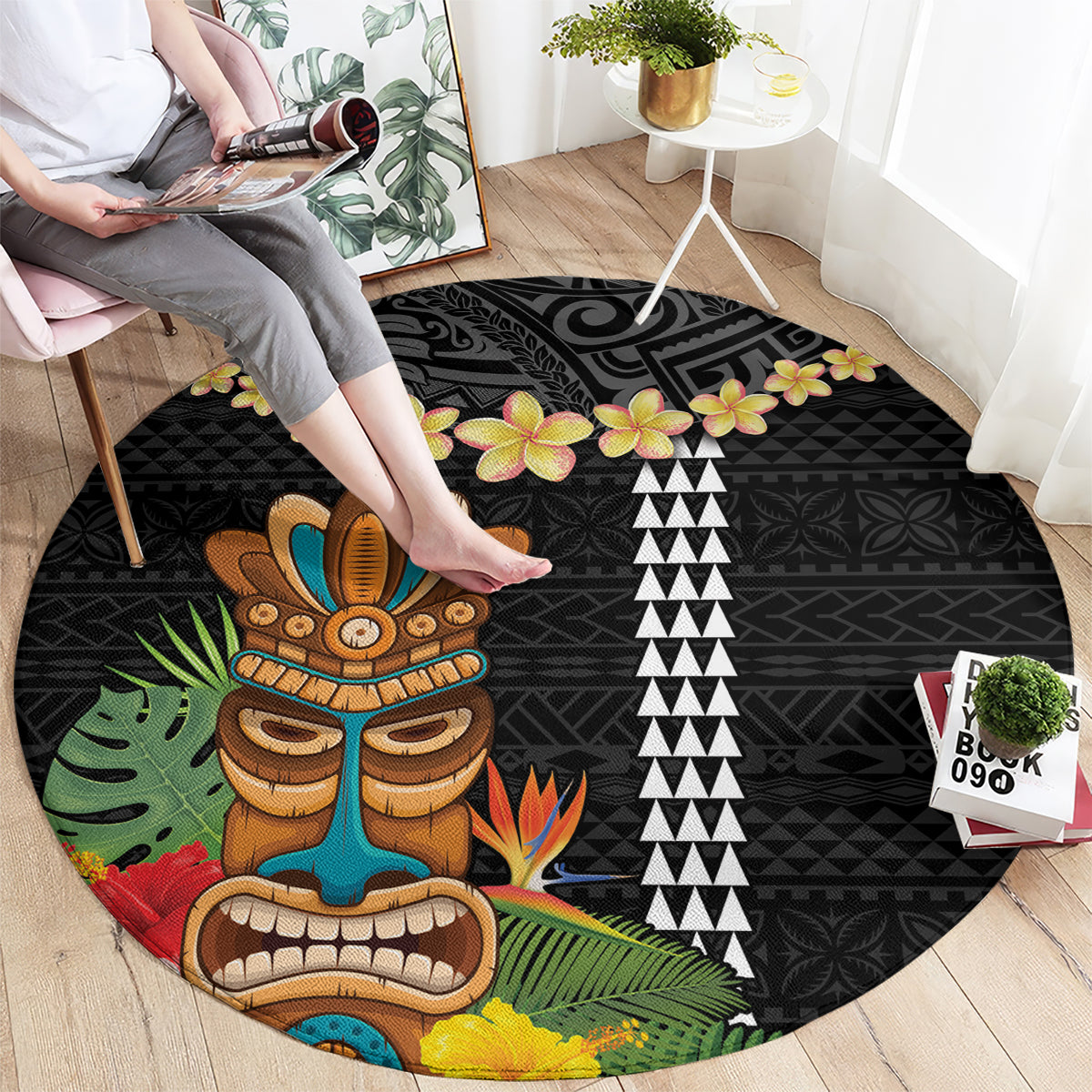 Hawaii Plumeria Lei Round Carpet Tiki and Kakau Pattern Black Color LT03 - Polynesian Pride