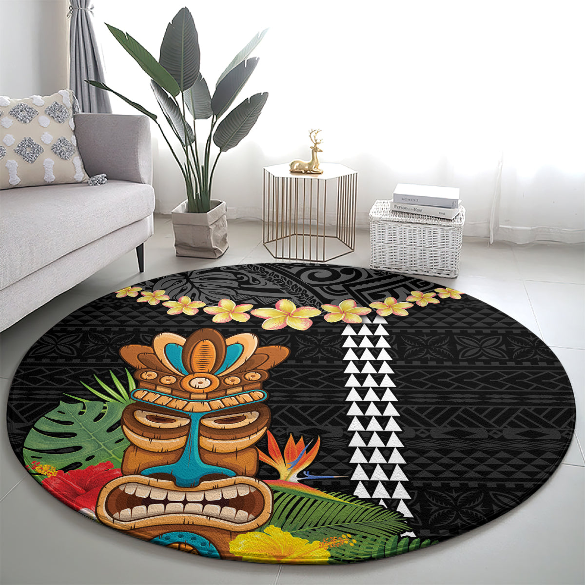 Hawaii Plumeria Lei Round Carpet Tiki and Kakau Pattern Black Color LT03 - Polynesian Pride