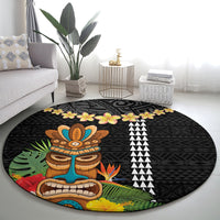 Hawaii Plumeria Lei Round Carpet Tiki and Kakau Pattern Black Color LT03 - Polynesian Pride