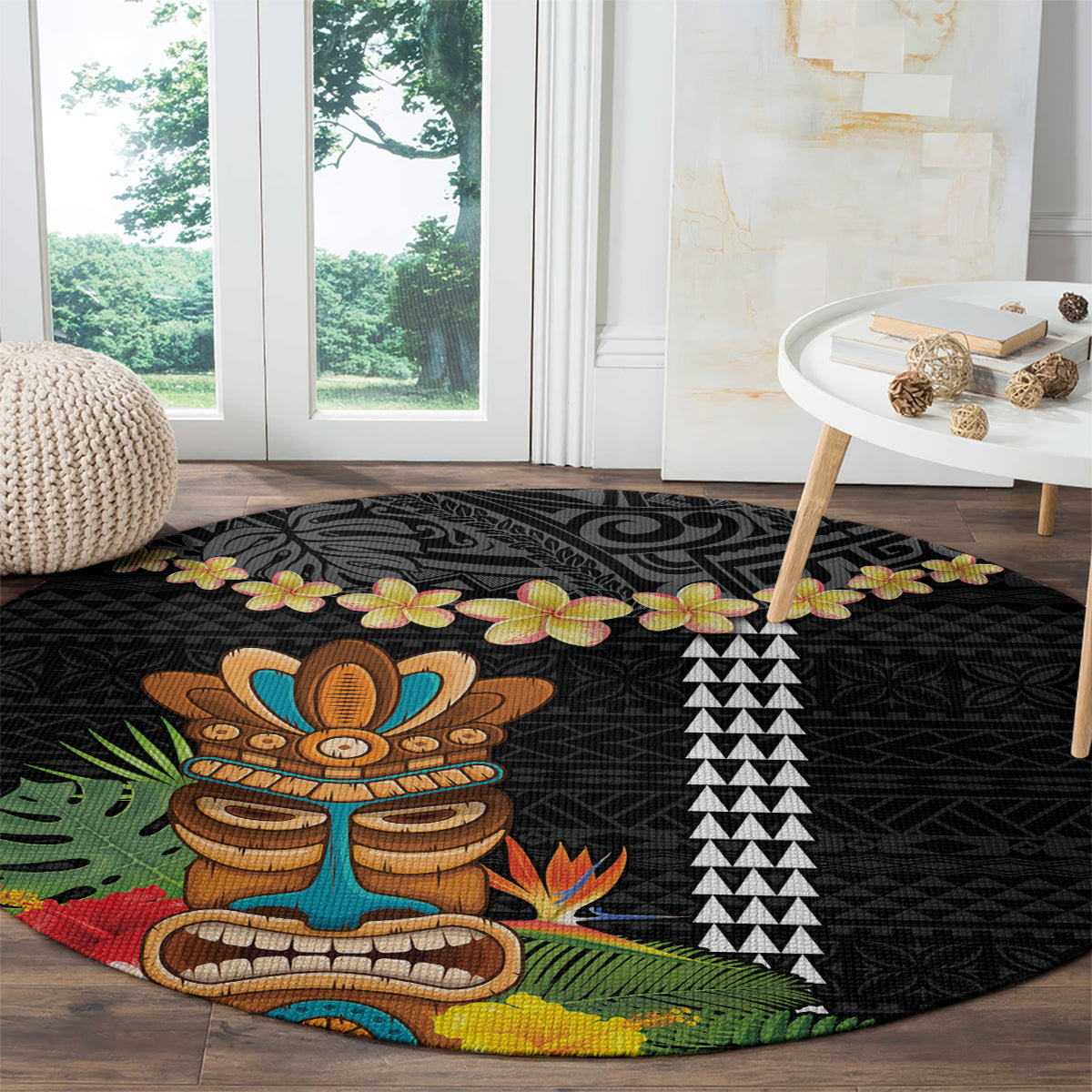 Hawaii Plumeria Lei Round Carpet Tiki and Kakau Pattern Black Color LT03 - Polynesian Pride