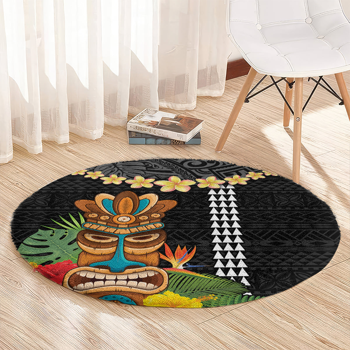 Hawaii Plumeria Lei Round Carpet Tiki and Kakau Pattern Black Color LT03 - Polynesian Pride