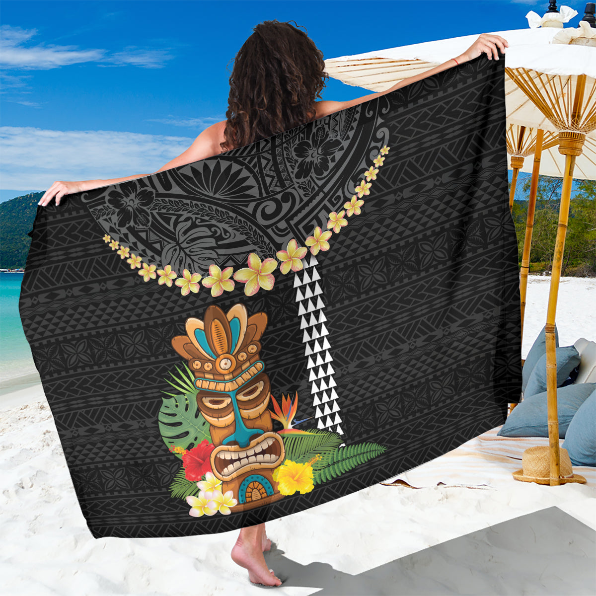 Hawaii Plumeria Lei Sarong Tiki and Kakau Pattern Black Color LT03 One Size 44 x 66 inches Black - Polynesian Pride