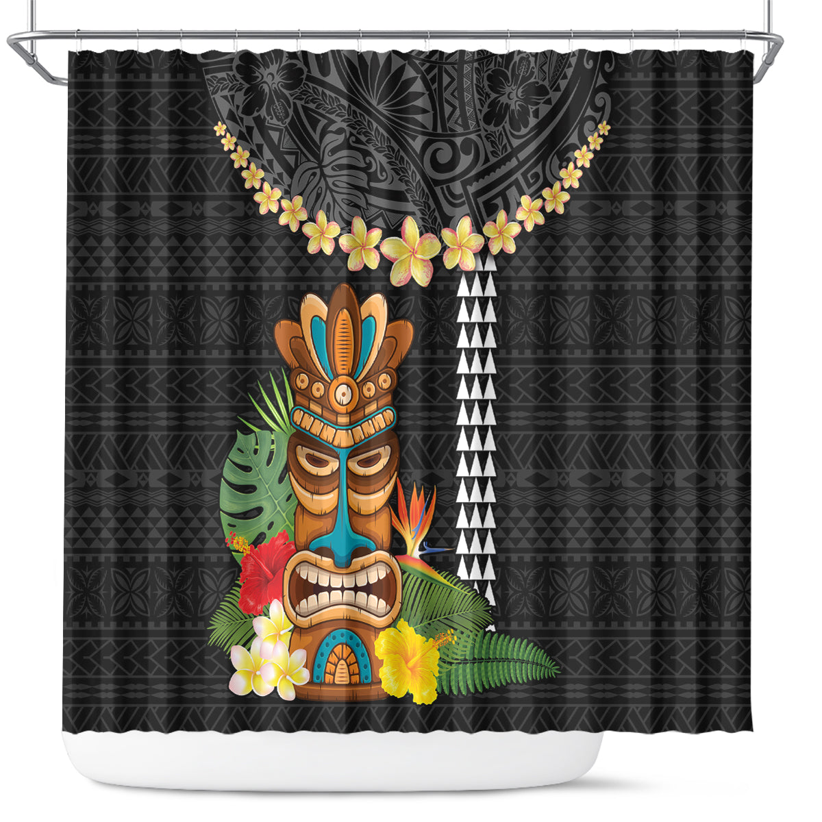 Hawaii Plumeria Lei Shower Curtain Tiki and Kakau Pattern Black Color