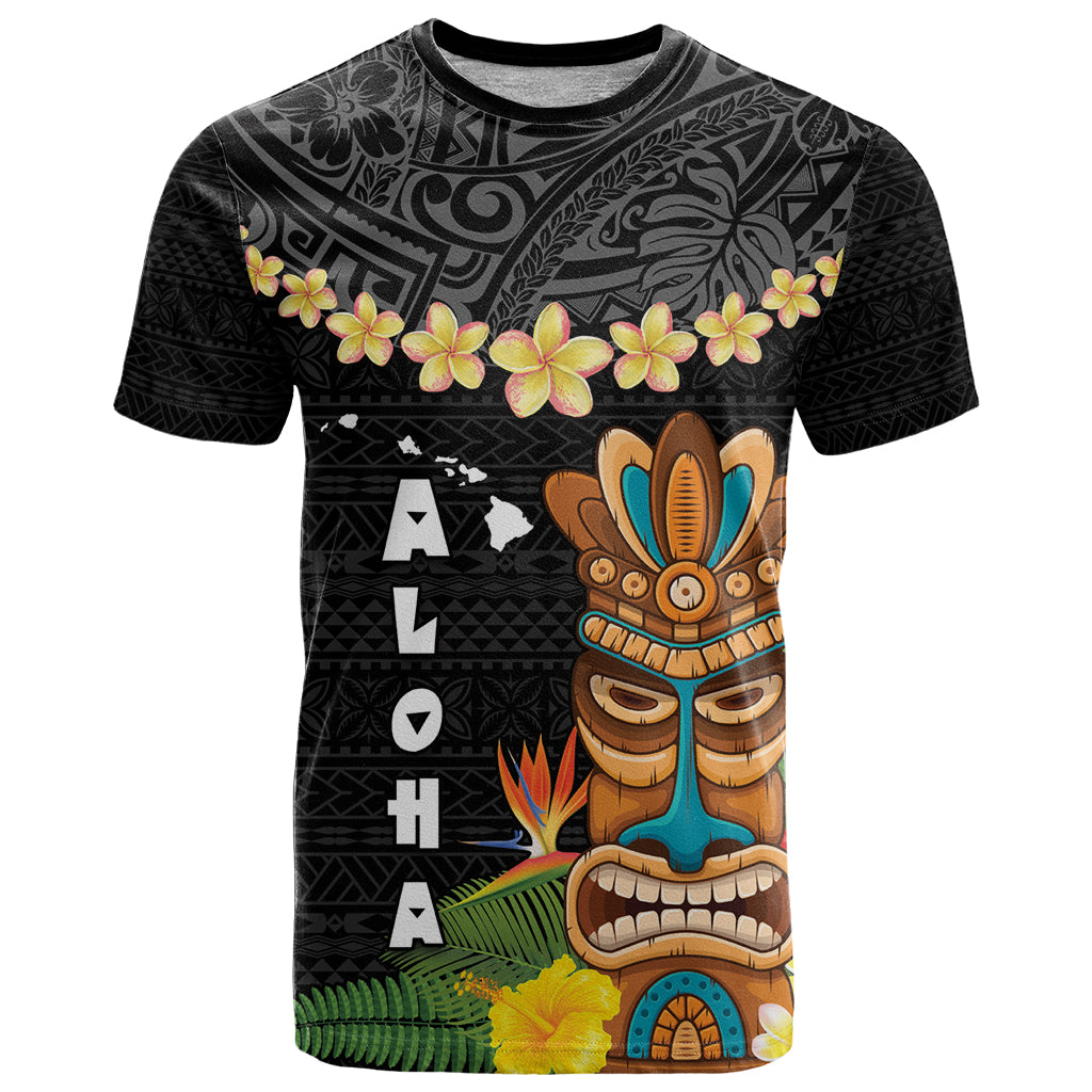 Hawaii Plumeria Lei T Shirt Tiki and Kakau Pattern Black Color LT03 Black - Polynesian Pride