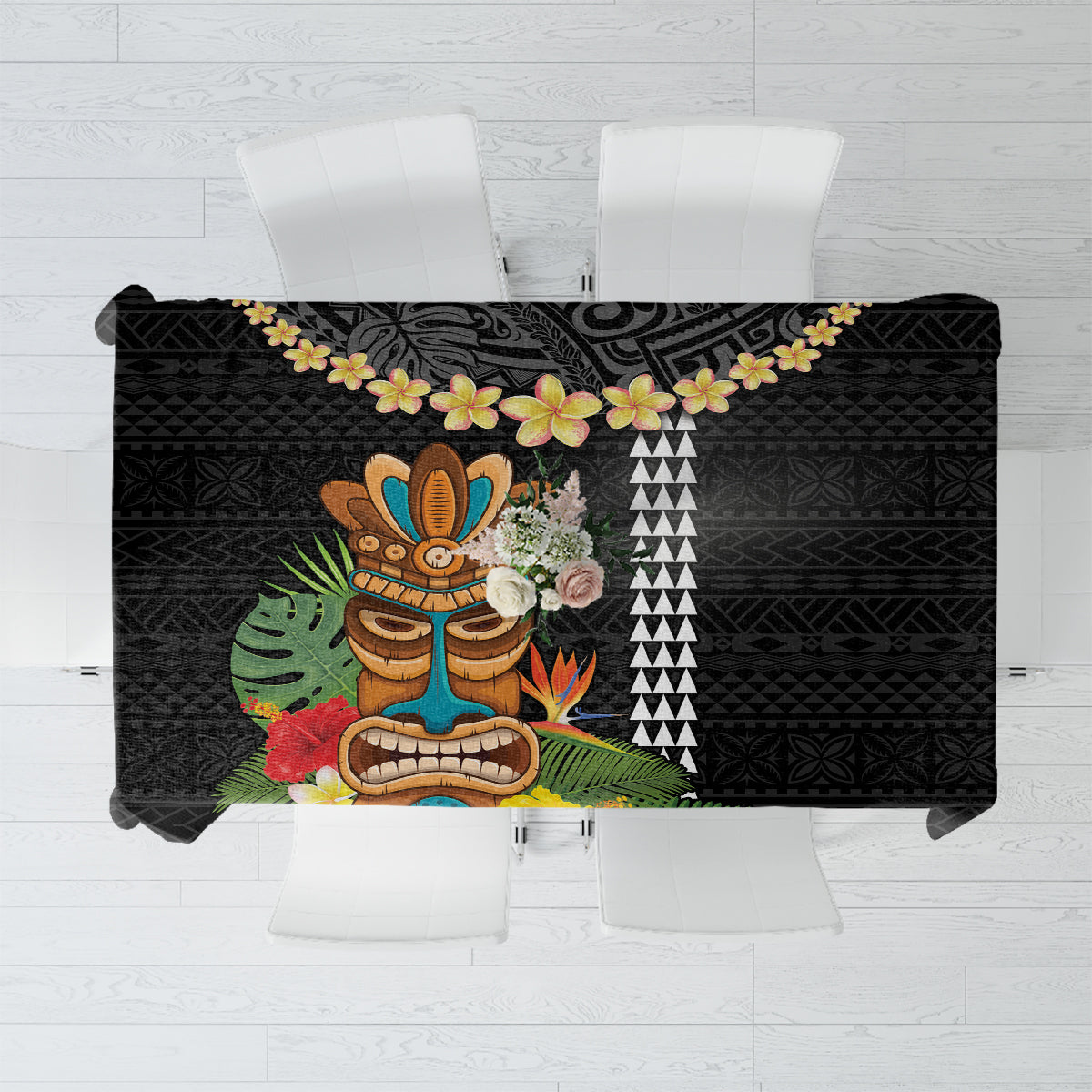 Hawaii Plumeria Lei Tablecloth Tiki and Kakau Pattern Black Color LT03 Black - Polynesian Pride