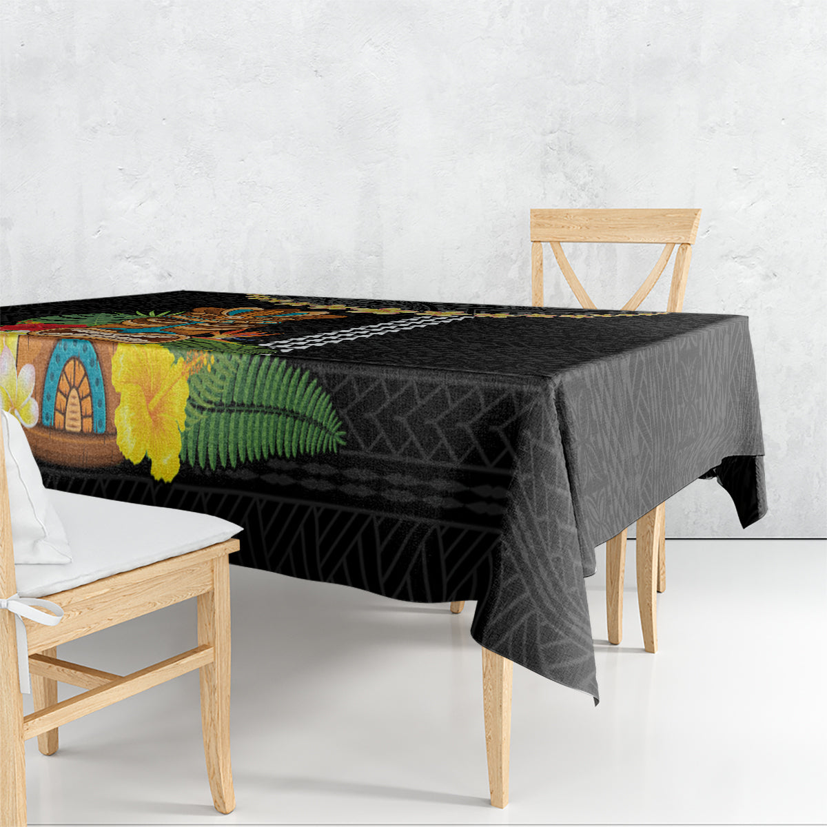 Hawaii Plumeria Lei Tablecloth Tiki and Kakau Pattern Black Color LT03 - Polynesian Pride