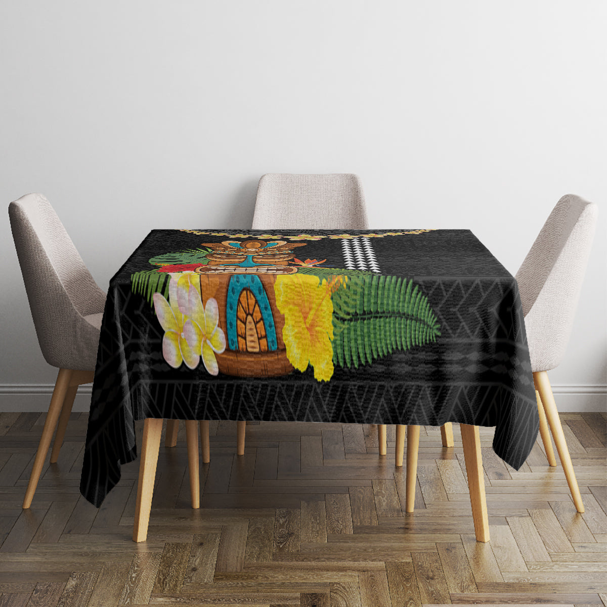 Hawaii Plumeria Lei Tablecloth Tiki and Kakau Pattern Black Color LT03 - Polynesian Pride