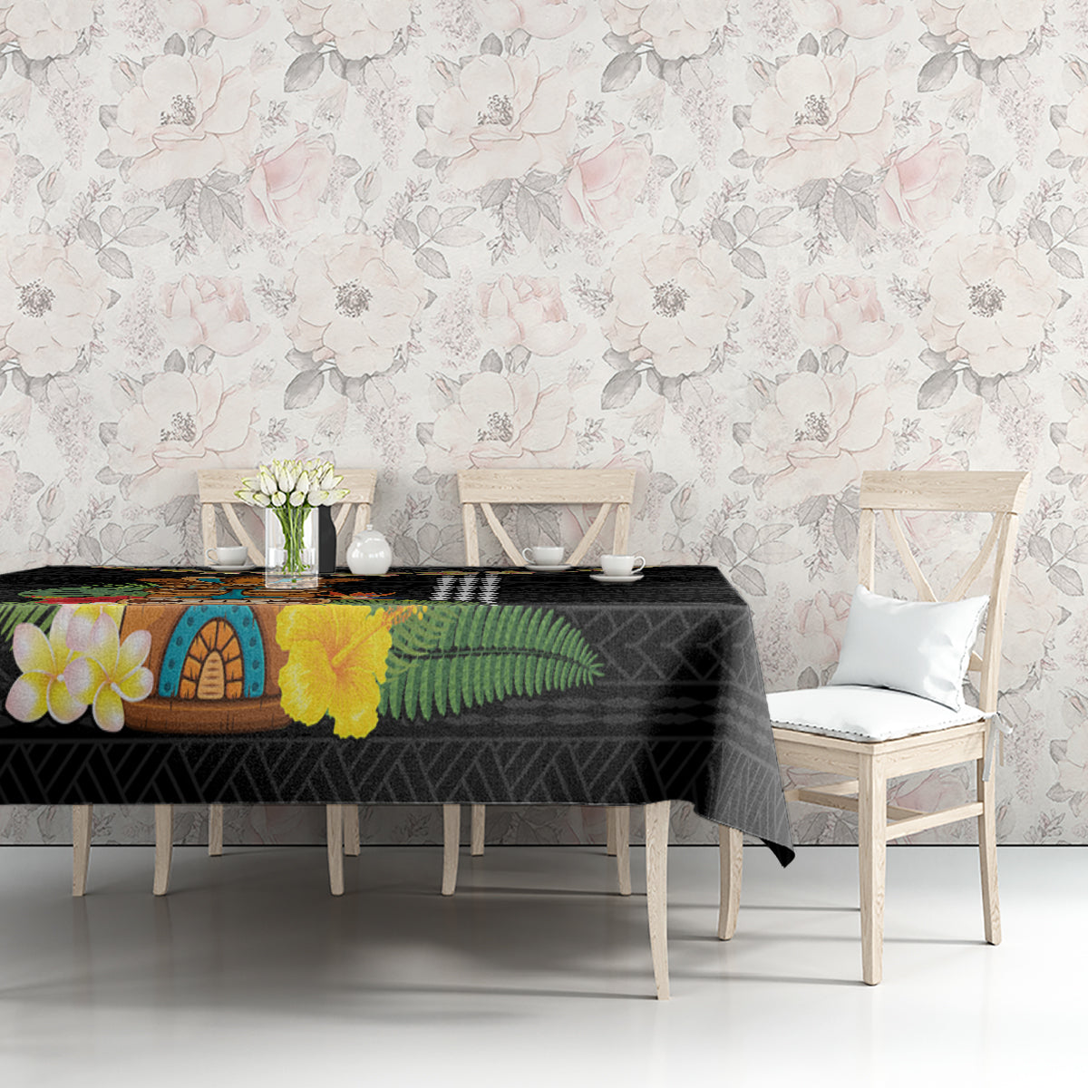 Hawaii Plumeria Lei Tablecloth Tiki and Kakau Pattern Black Color LT03 - Polynesian Pride