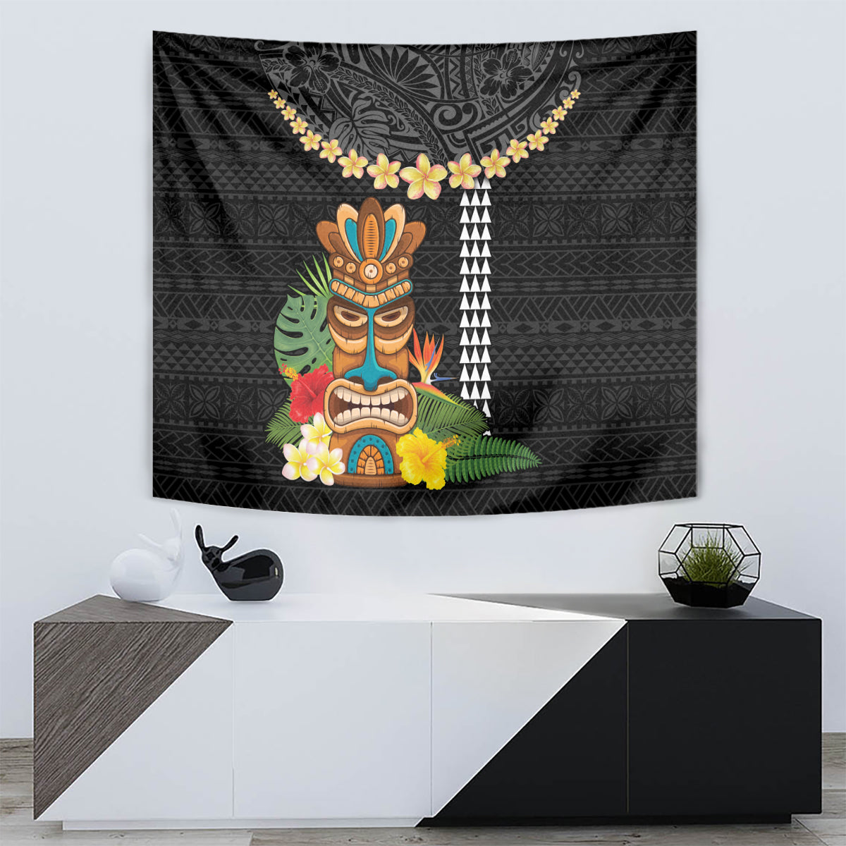Hawaii Plumeria Lei Tapestry Tiki and Kakau Pattern Black Color LT03 - Polynesian Pride