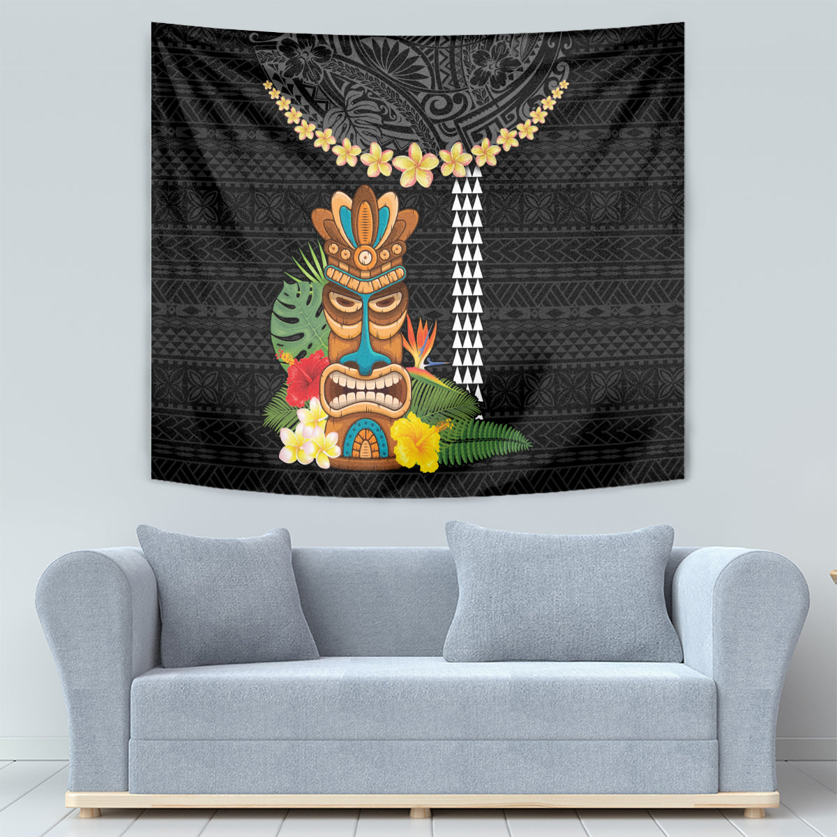 Hawaii Plumeria Lei Tapestry Tiki and Kakau Pattern Black Color LT03 - Polynesian Pride