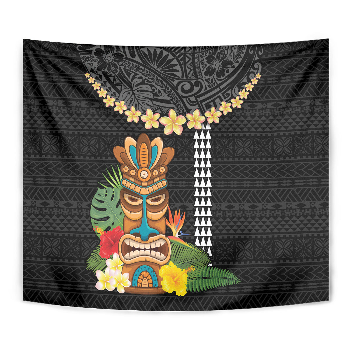 Hawaii Plumeria Lei Tapestry Tiki and Kakau Pattern Black Color LT03 - Polynesian Pride