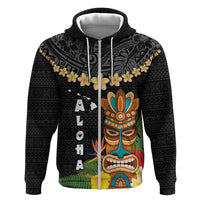 Hawaii Plumeria Lei Zip Hoodie Tiki and Kakau Pattern Black Color LT03 Zip Hoodie Black - Polynesian Pride