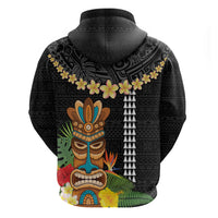 Hawaii Plumeria Lei Zip Hoodie Tiki and Kakau Pattern Black Color LT03 - Polynesian Pride