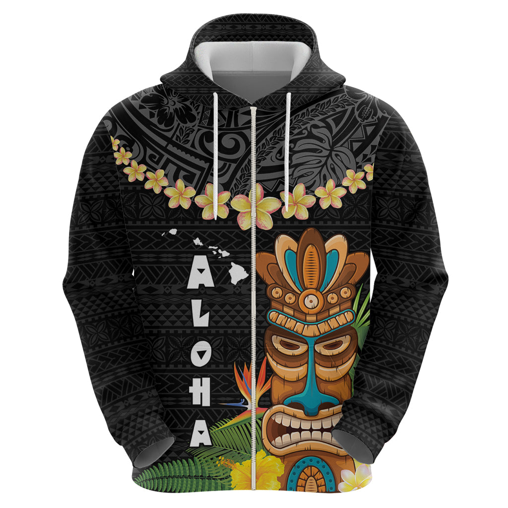 Hawaii Plumeria Lei Zip Hoodie Tiki and Kakau Pattern Black Color LT03 - Polynesian Pride