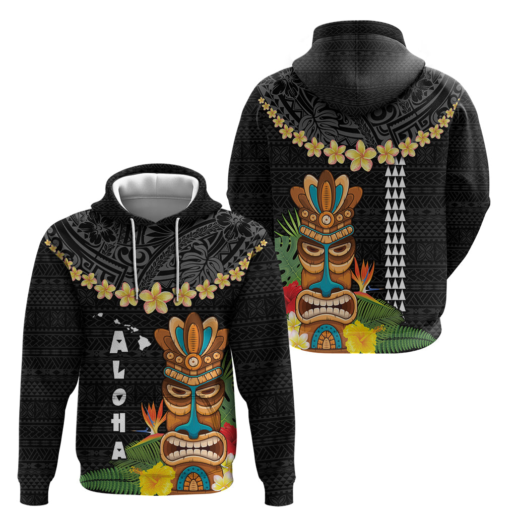 Hawaii Plumeria Lei Zip Hoodie Tiki and Kakau Pattern Black Color LT03 - Polynesian Pride