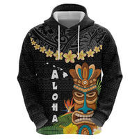 Hawaii Plumeria Lei Zip Hoodie Tiki and Kakau Pattern Black Color LT03 - Polynesian Pride