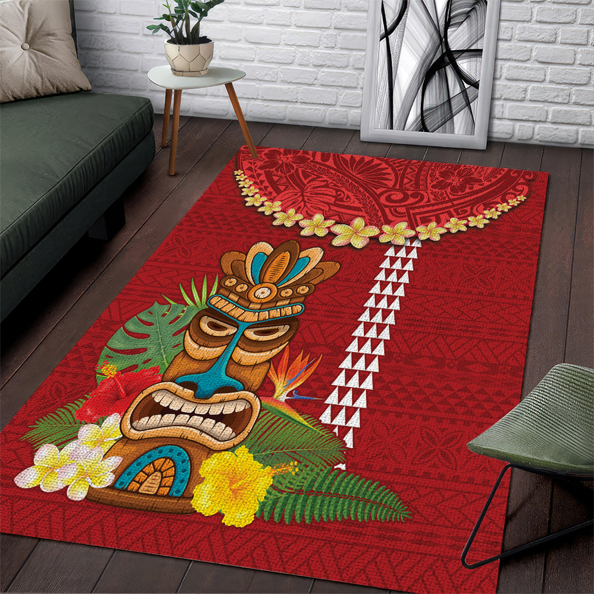 Hawaii Plumeria Lei Area Rug Tiki and Kakau Pattern Red Color LT03 Red - Polynesian Pride