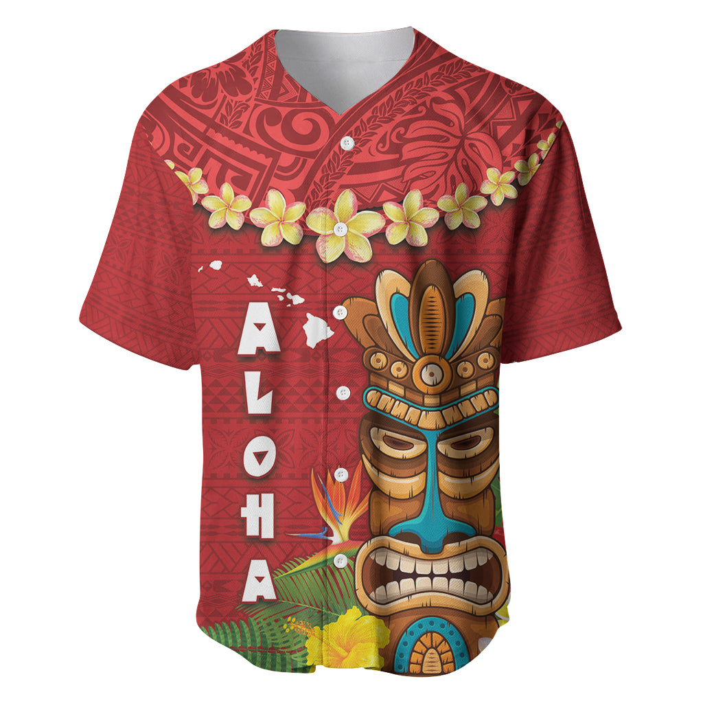 Hawaii Plumeria Lei Baseball Jersey Tiki and Kakau Pattern Red Color LT03 Red - Polynesian Pride