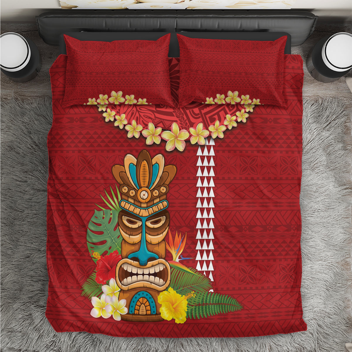 Hawaii Plumeria Lei Bedding Set Tiki and Kakau Pattern Red Color LT03 Red - Polynesian Pride