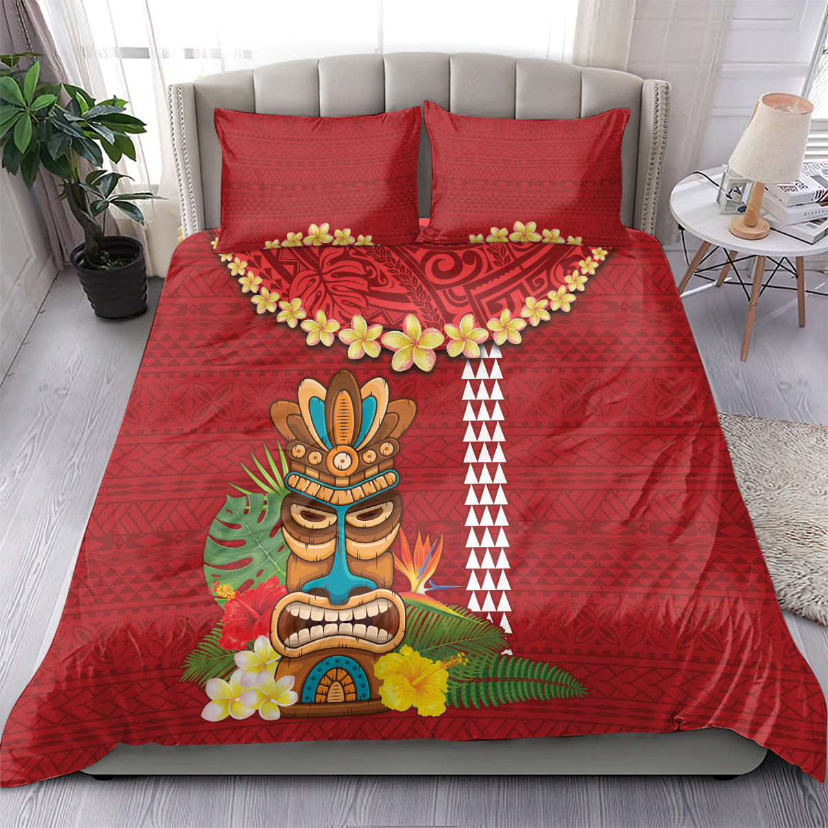 Hawaii Plumeria Lei Bedding Set Tiki and Kakau Pattern Red Color LT03 - Polynesian Pride