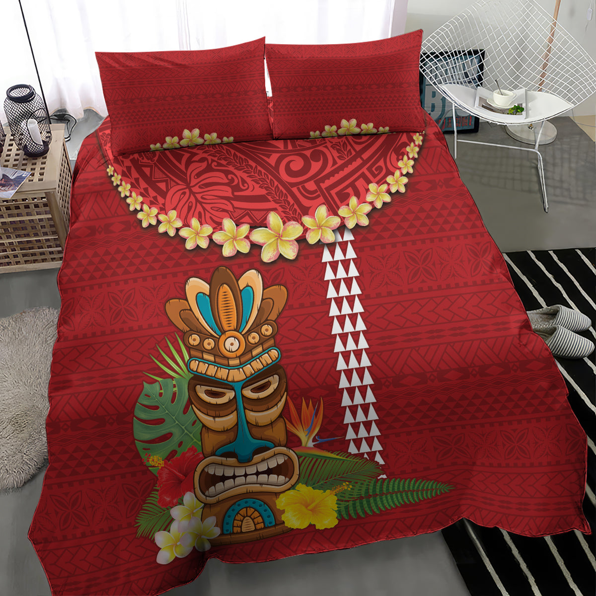 Hawaii Plumeria Lei Bedding Set Tiki and Kakau Pattern Red Color LT03 - Polynesian Pride
