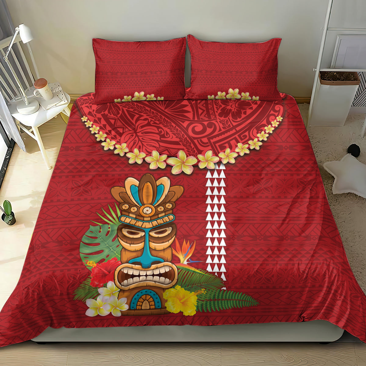 Hawaii Plumeria Lei Bedding Set Tiki and Kakau Pattern Red Color LT03 - Polynesian Pride
