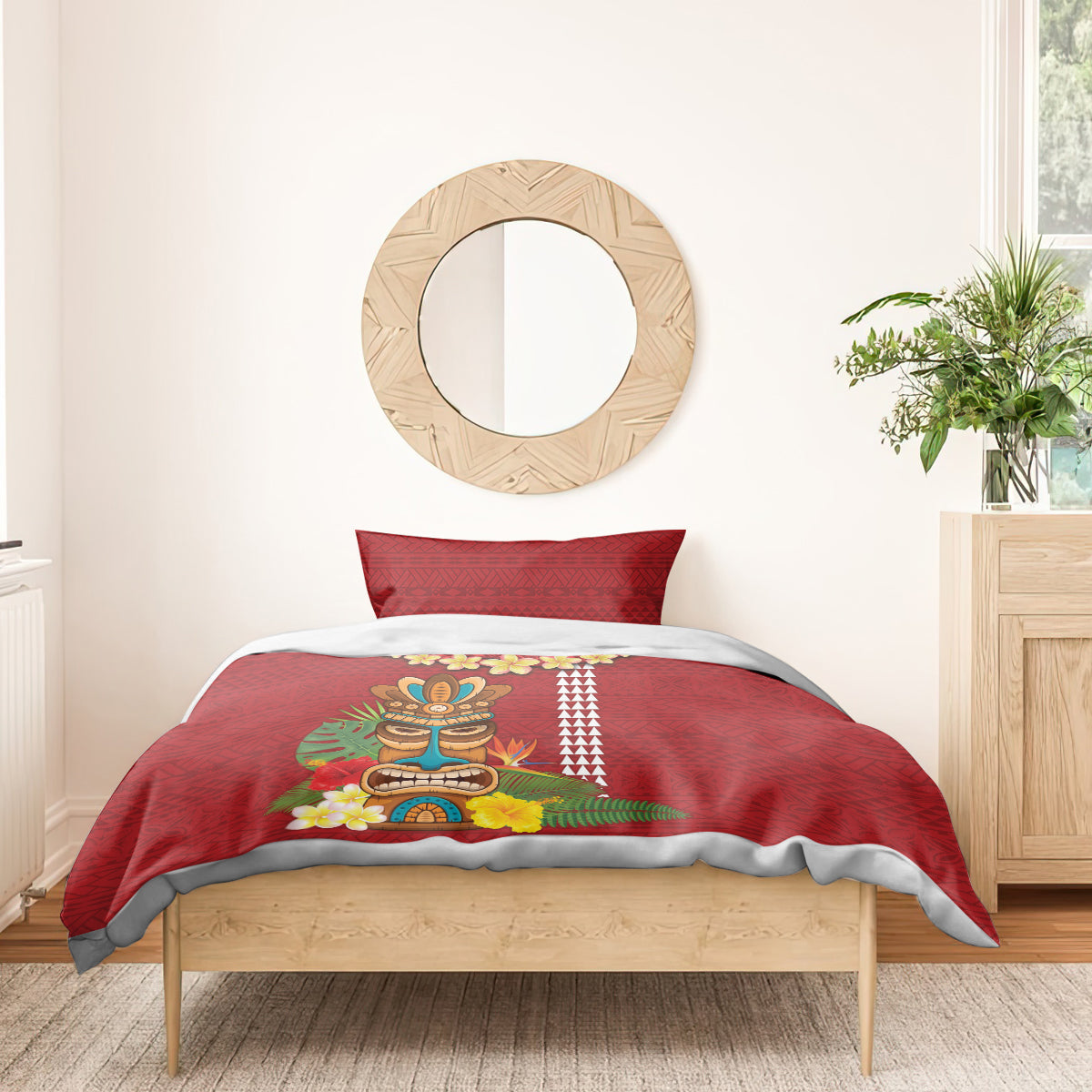 Hawaii Plumeria Lei Bedding Set Tiki and Kakau Pattern Red Color LT03 - Polynesian Pride