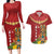 Hawaii Plumeria Lei Couples Matching Long Sleeve Bodycon Dress and Hawaiian Shirt Tiki and Kakau Pattern Red Color