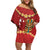 Hawaii Plumeria Lei Family Matching Off Shoulder Short Dress and Hawaiian Shirt Tiki and Kakau Pattern Red Color