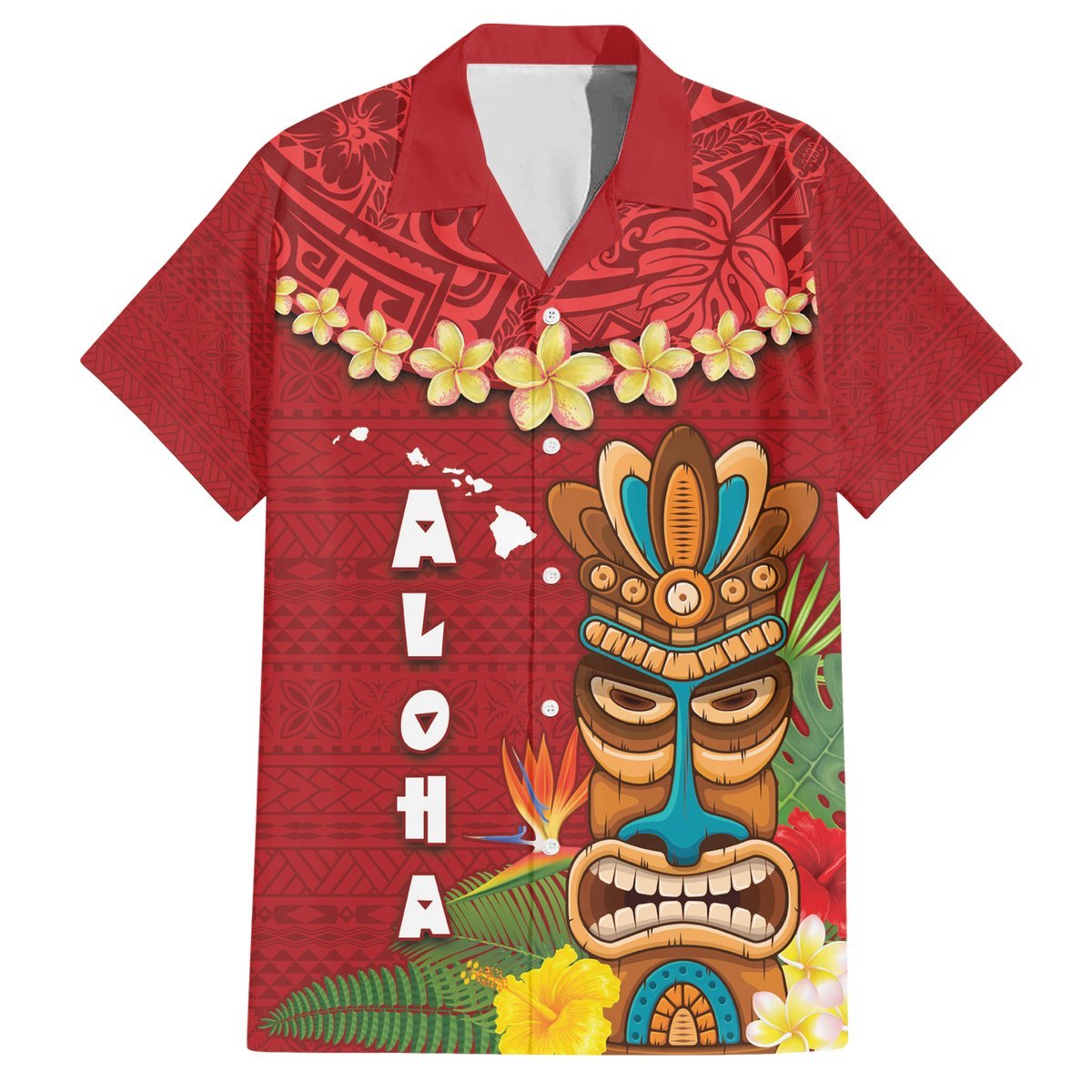 Hawaii Plumeria Lei Hawaiian Shirt Tiki and Kakau Pattern Red Color LT03 Red - Polynesian Pride