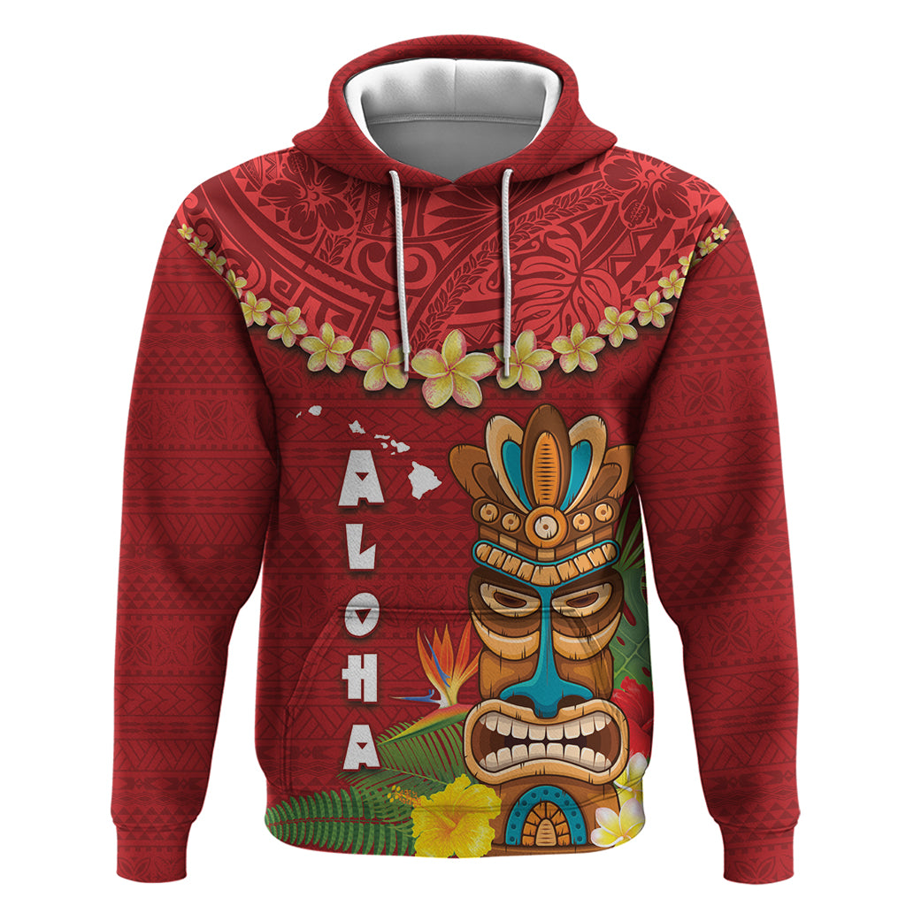 Hawaii Plumeria Lei Hoodie Tiki and Kakau Pattern Red Color LT03 Pullover Hoodie Red - Polynesian Pride