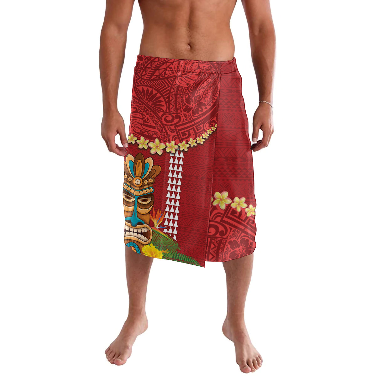 Hawaii Plumeria Lei Lavalava Tiki and Kakau Pattern Red Color LT03 Red - Polynesian Pride