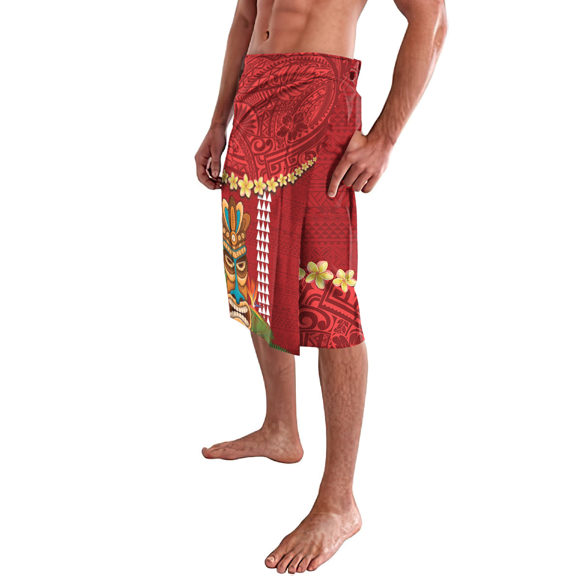 Hawaii Plumeria Lei Lavalava Tiki and Kakau Pattern Red Color LT03 - Polynesian Pride