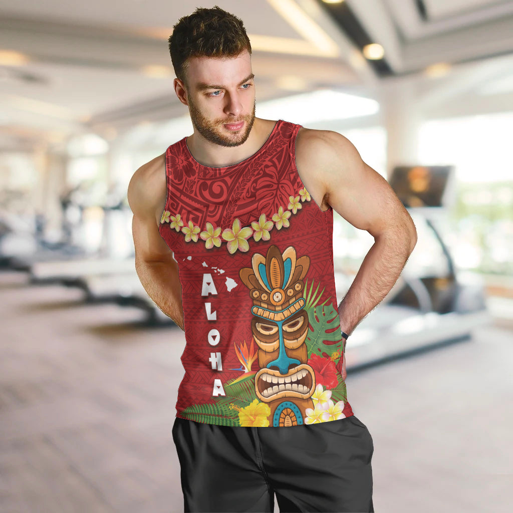 Hawaii Plumeria Lei Men Tank Top Tiki and Kakau Pattern Red Color LT03 Red - Polynesian Pride