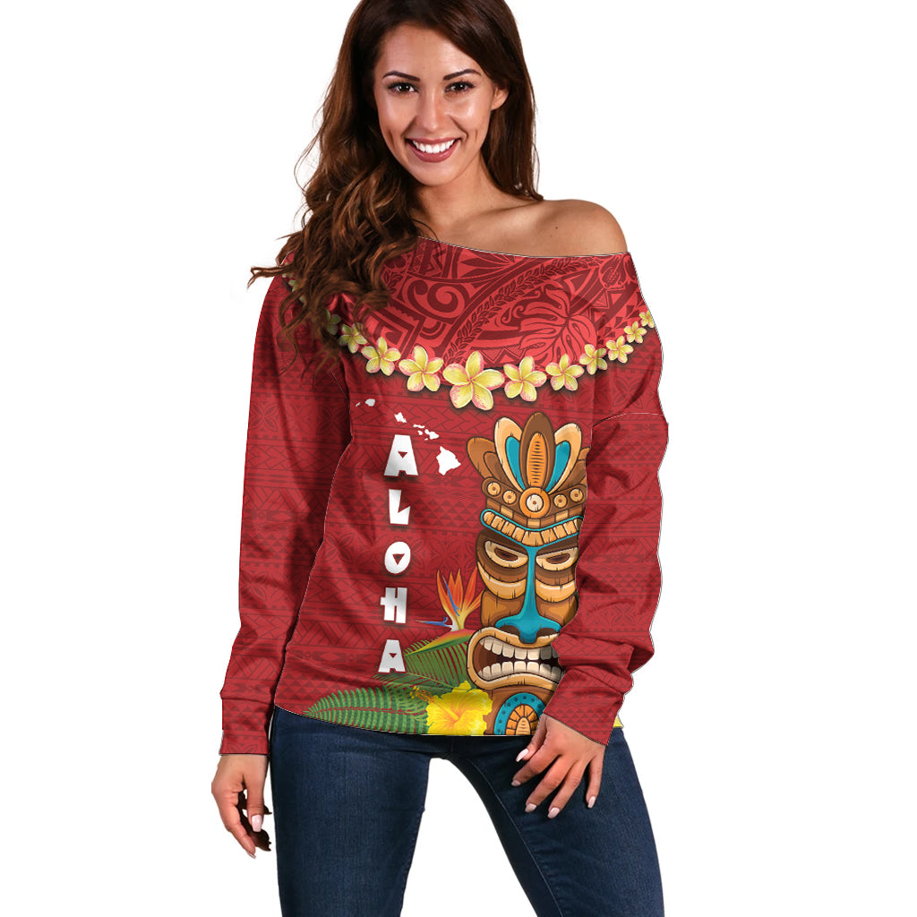 Hawaii Plumeria Lei Off Shoulder Sweater Tiki and Kakau Pattern Red Color LT03 Women Red - Polynesian Pride