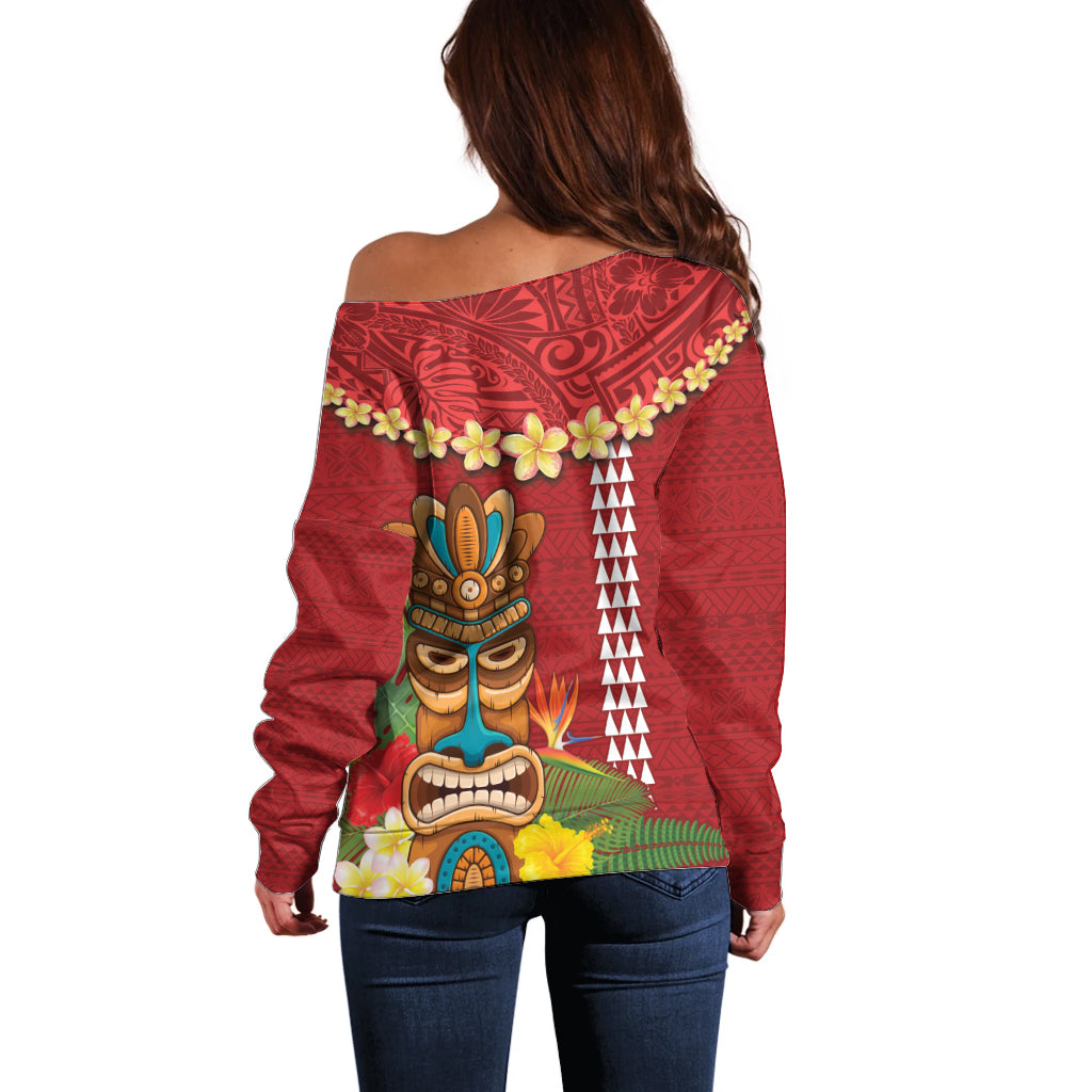 Hawaii Plumeria Lei Off Shoulder Sweater Tiki and Kakau Pattern Red Color LT03 - Polynesian Pride