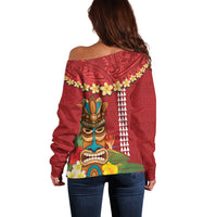 Hawaii Plumeria Lei Off Shoulder Sweater Tiki and Kakau Pattern Red Color LT03 - Polynesian Pride