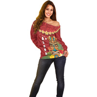 Hawaii Plumeria Lei Off Shoulder Sweater Tiki and Kakau Pattern Red Color LT03 - Polynesian Pride