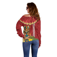 Hawaii Plumeria Lei Off Shoulder Sweater Tiki and Kakau Pattern Red Color LT03 - Polynesian Pride