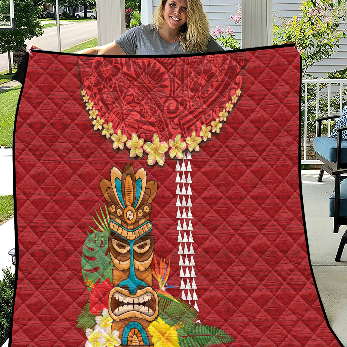 Hawaii Plumeria Lei Quilt Tiki and Kakau Pattern Red Color LT03 Red - Polynesian Pride