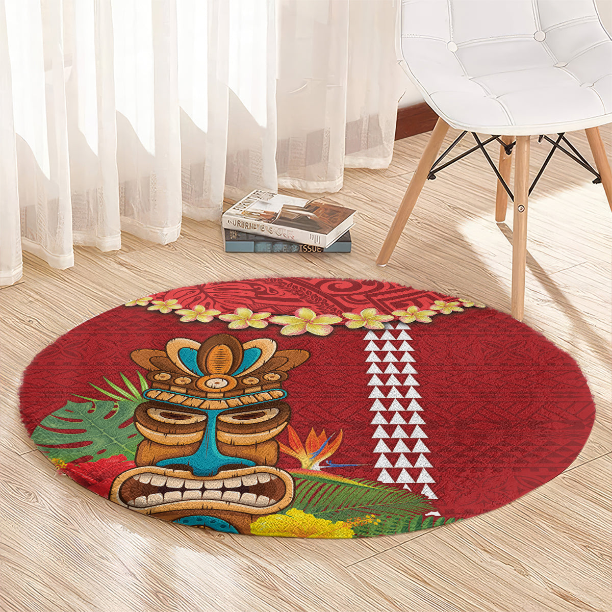 Hawaii Plumeria Lei Round Carpet Tiki and Kakau Pattern Red Color LT03 - Polynesian Pride