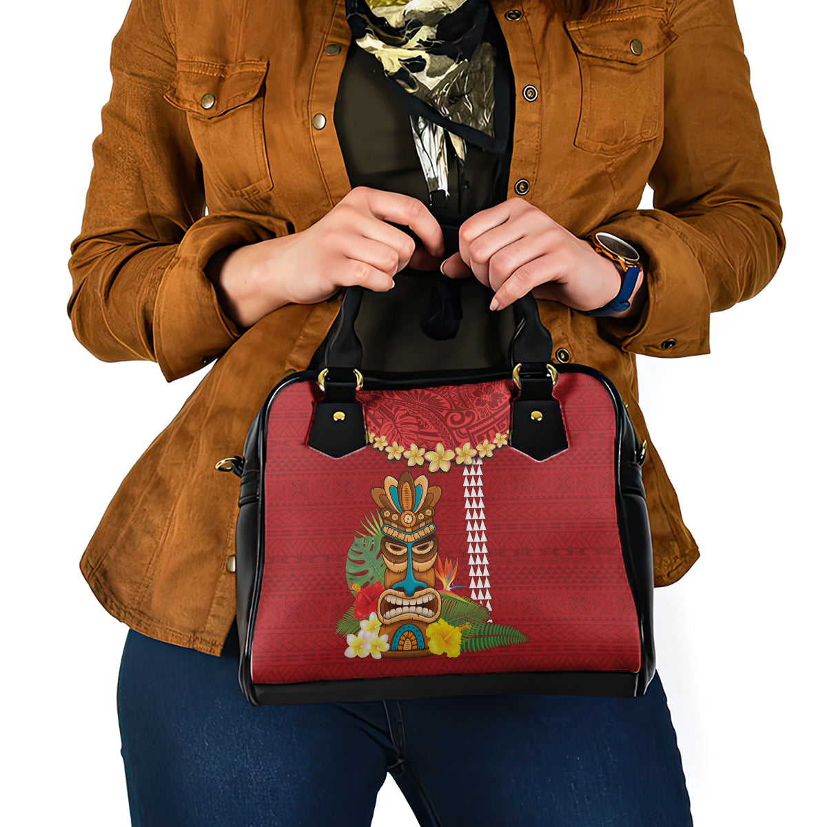Hawaii Plumeria Lei Shoulder Handbag Tiki and Kakau Pattern Red Color LT03 - Polynesian Pride