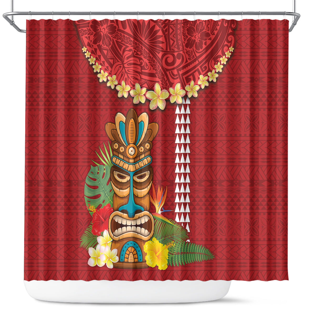 Hawaii Plumeria Lei Shower Curtain Tiki and Kakau Pattern Red Color