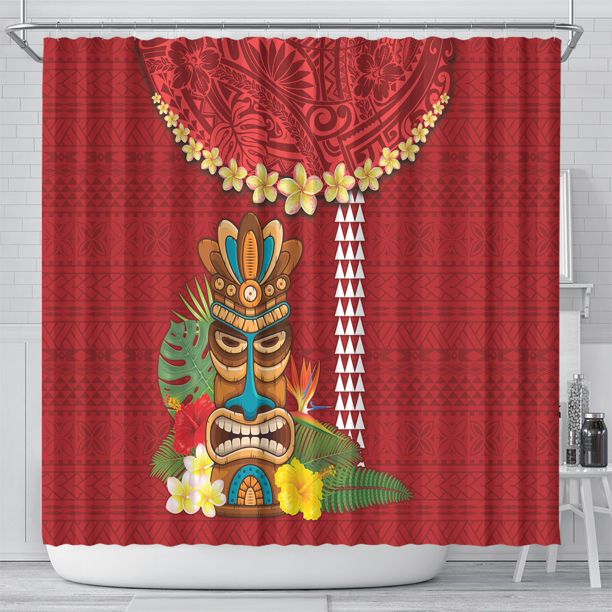 Hawaii Plumeria Lei Shower Curtain Tiki and Kakau Pattern Red Color LT03 - Polynesian Pride