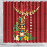 Hawaii Plumeria Lei Shower Curtain Tiki and Kakau Pattern Red Color LT03 - Polynesian Pride