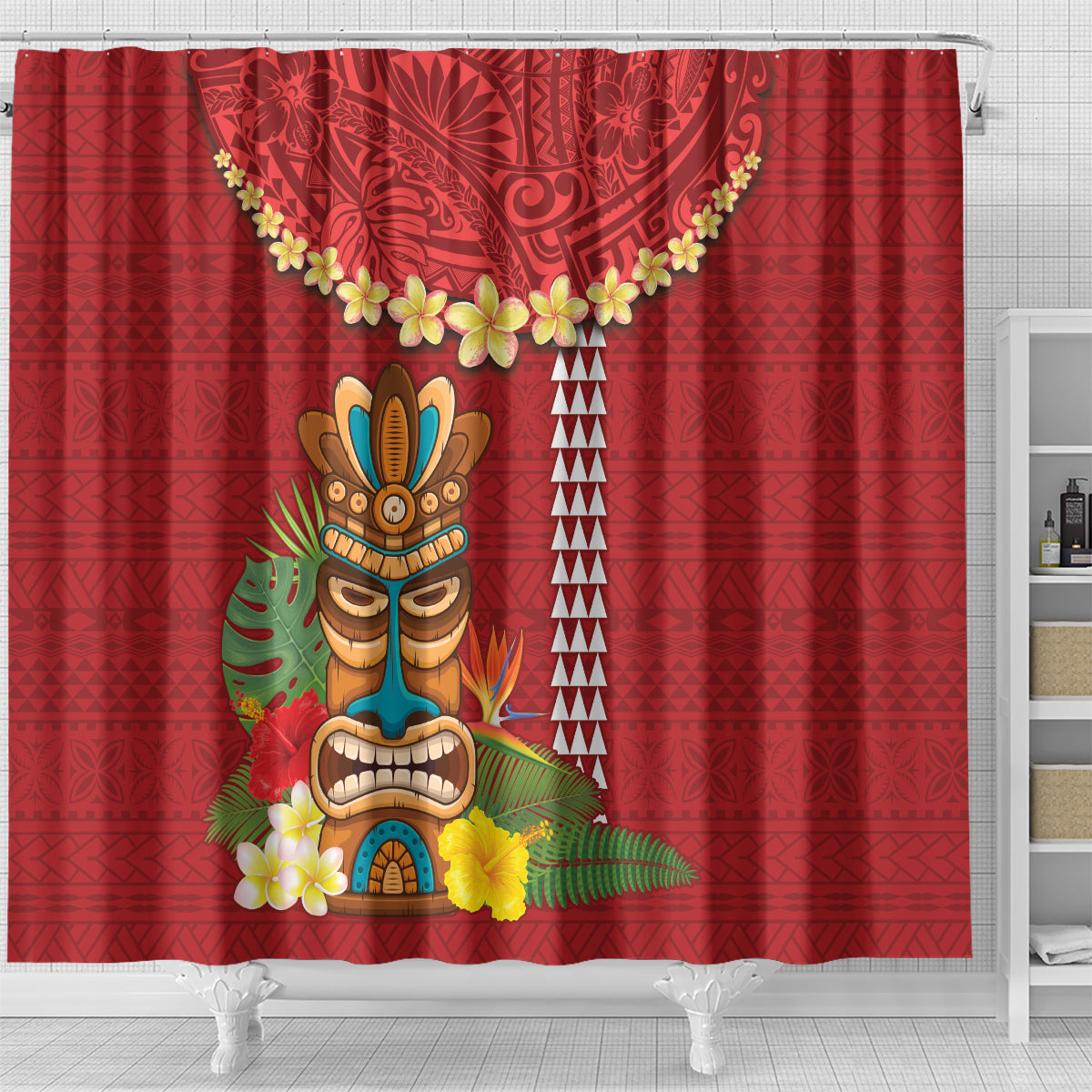 Hawaii Plumeria Lei Shower Curtain Tiki and Kakau Pattern Red Color LT03 - Polynesian Pride