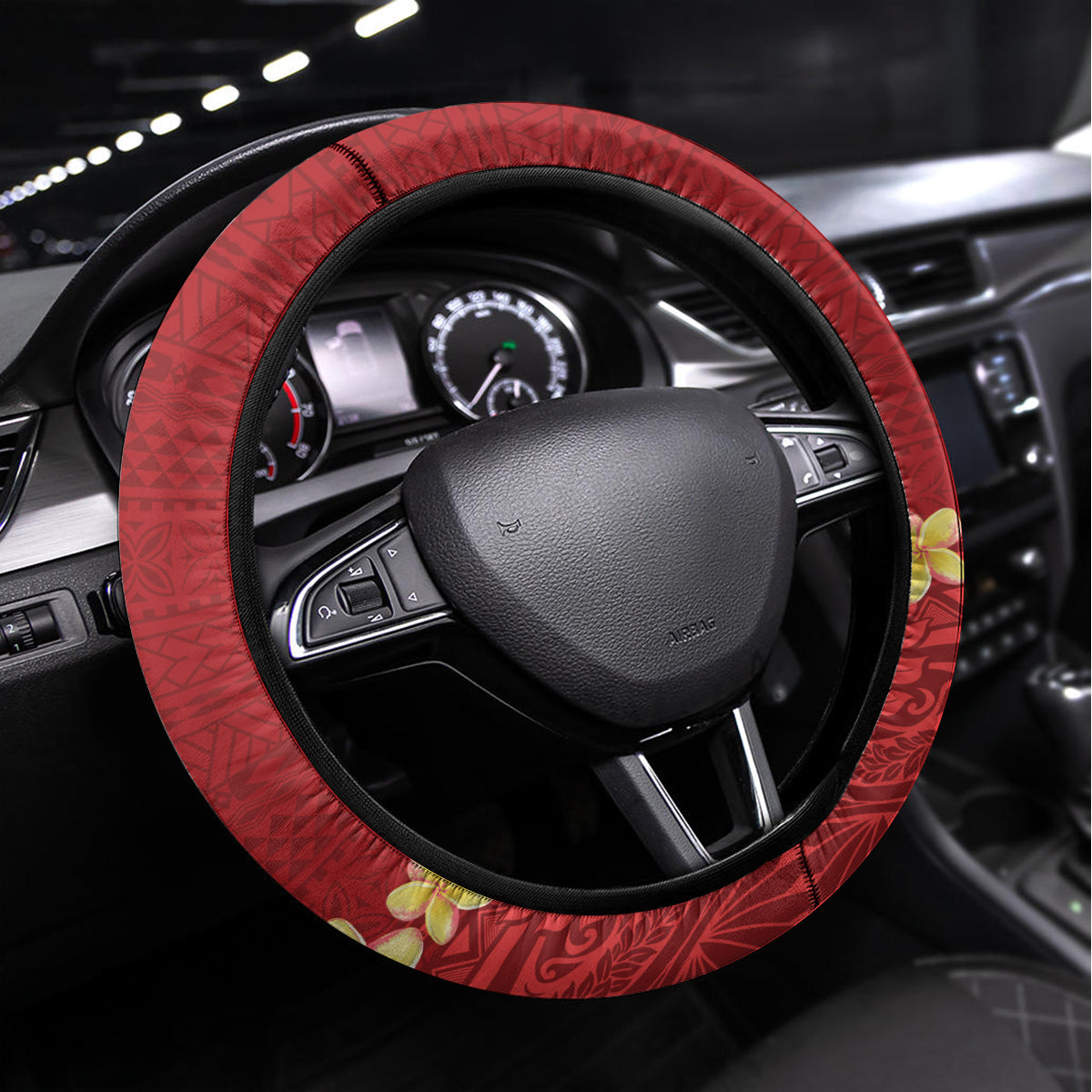 Hawaii Plumeria Lei Steering Wheel Cover Tiki and Kakau Pattern Red Color LT03 Universal Fit Red - Polynesian Pride
