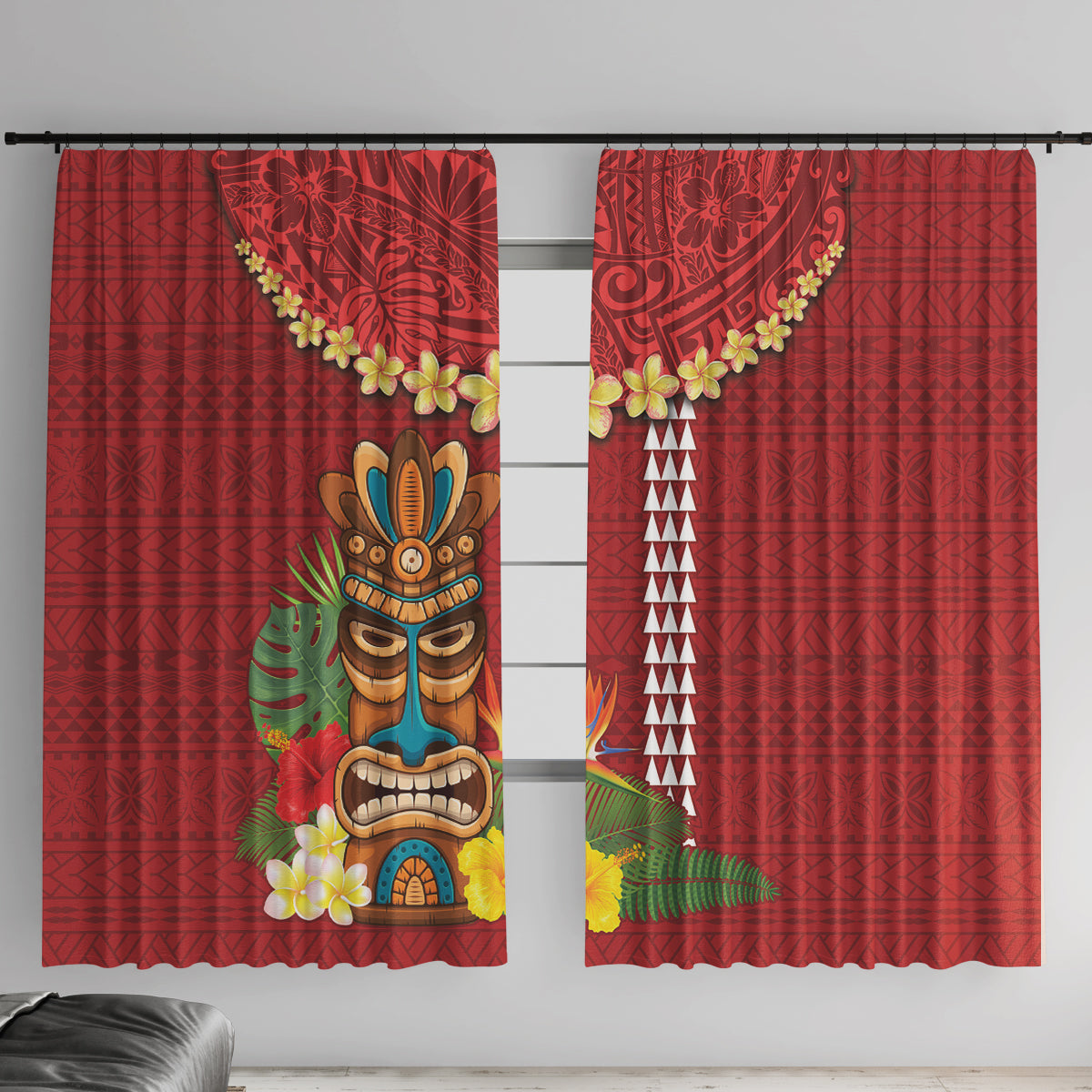 Hawaii Plumeria Lei Window Curtain Tiki and Kakau Pattern Red Color LT03 With Hooks Red - Polynesian Pride