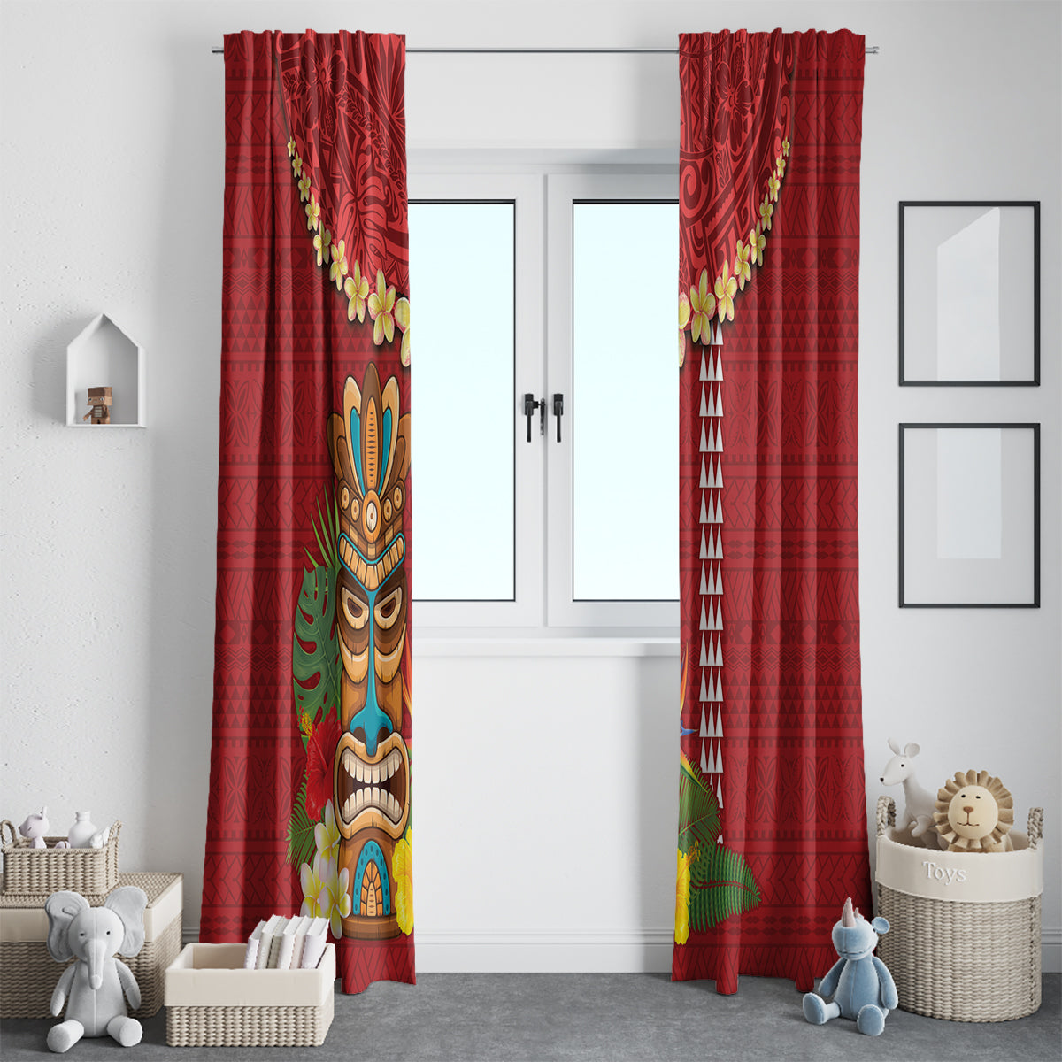 Hawaii Plumeria Lei Window Curtain Tiki and Kakau Pattern Red Color LT03 - Polynesian Pride