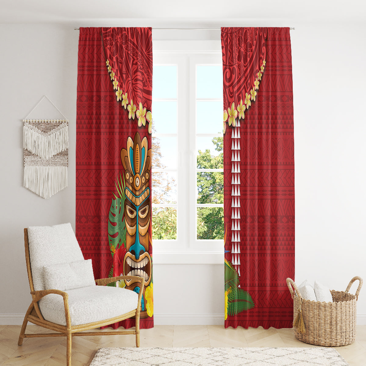 Hawaii Plumeria Lei Window Curtain Tiki and Kakau Pattern Red Color LT03 - Polynesian Pride